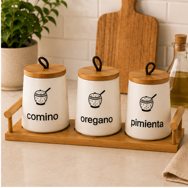 Condimentero de Losa con Tapa Hermética y Base de Bambú x3