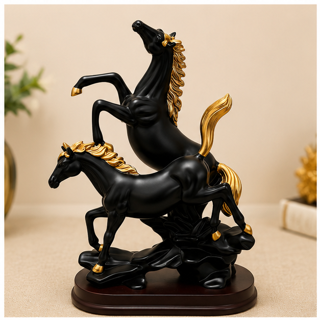 Dúo de Caballos Decorativos Negro y Dorado