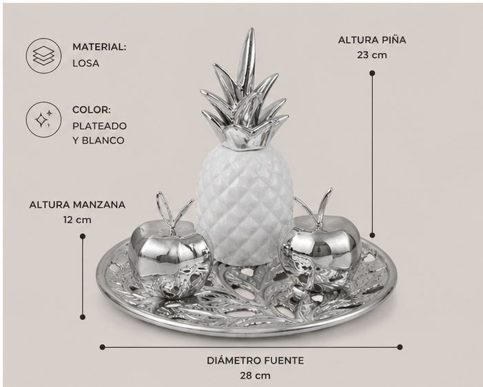 Juego Plateado Piña, Manzanas y Base Decorativa