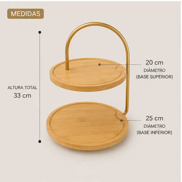 Porta Bocaditos de Bambú con Estructura Dorada – 2 Niveles