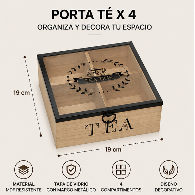 Porta Té Organizador x4 con Tapa de Vidrio