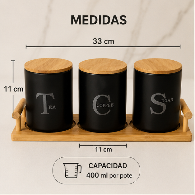 Trio Coffee Negro x3 con Base de Bambú
