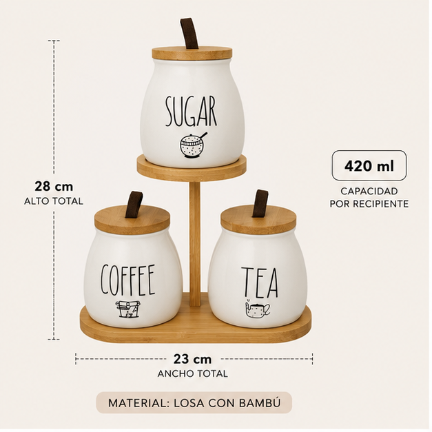 Trio Coffee de Losa con Base de Bambú