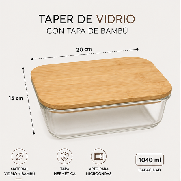 Taper de Vidrio con Tapa Hermética de Bambú