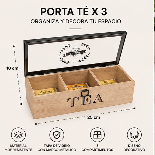 Porta Té Organizador x3 con Tapa de Vidrio