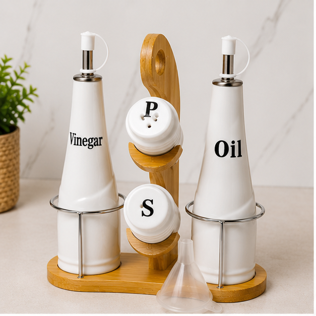 Set Aceitero y Condimentero de Losa con Base de Bambú