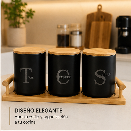 Trio Coffee Negro x3 con Base de Bambú