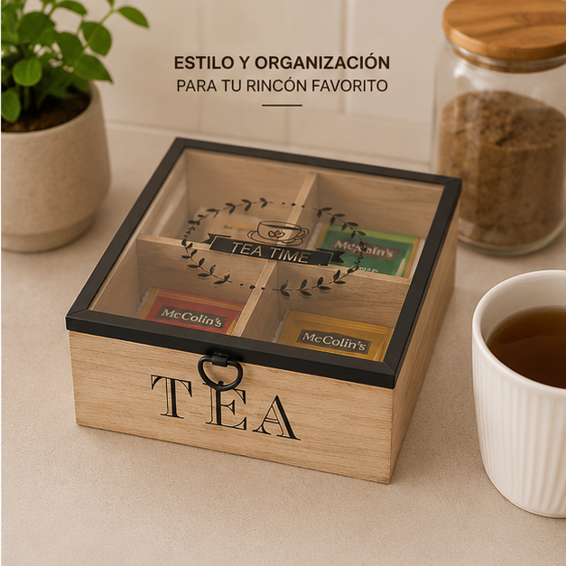 Porta Té Organizador x4 con Tapa de Vidrio