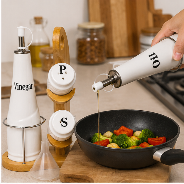 Set Aceitero y Condimentero de Losa con Base de Bambú