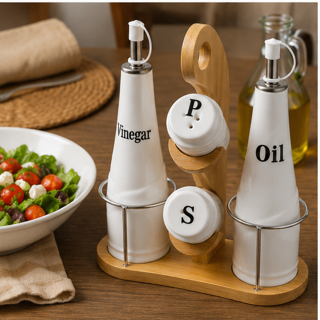 Set Aceitero y Condimentero de Losa con Base de Bambú