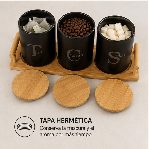 Trio Coffee Negro x3 con Base de Bambú