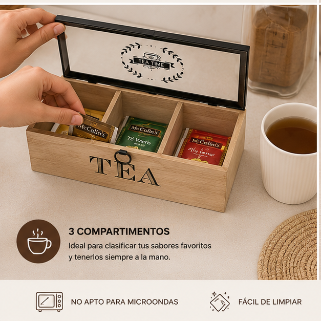 Porta Té Organizador x3 con Tapa de Vidrio