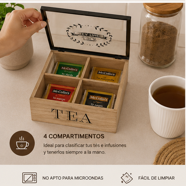 Porta Té Organizador x4 con Tapa de Vidrio