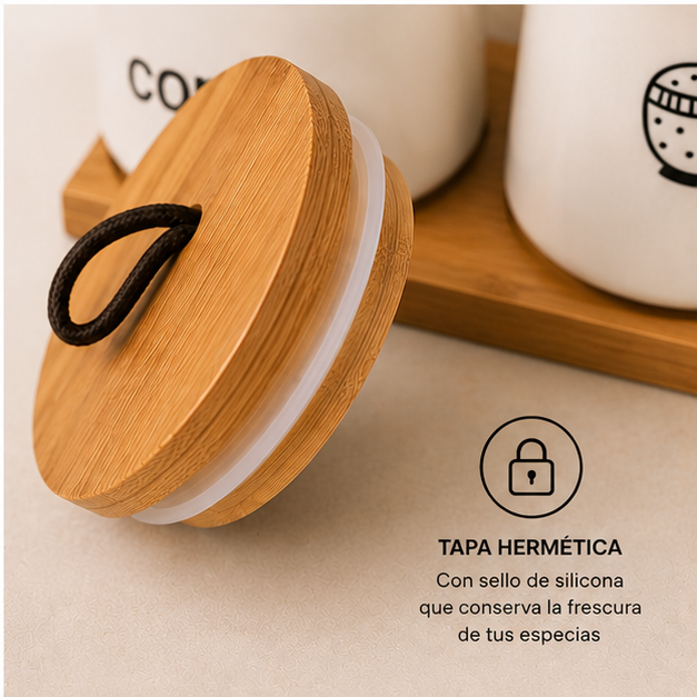 Condimentero de Losa con Tapa Hermética y Base de Bambú x3