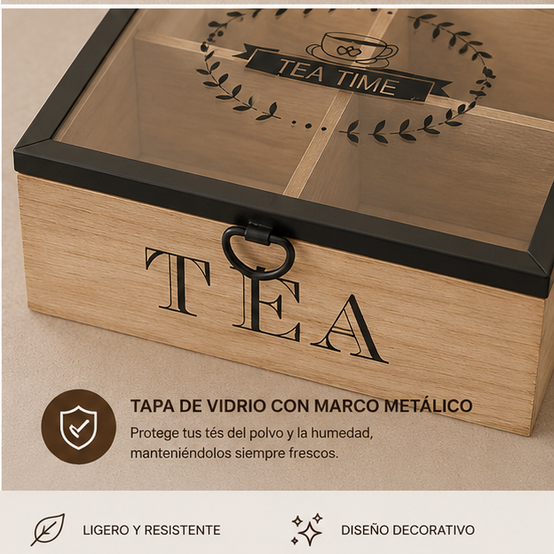 Porta Té Organizador x4 con Tapa de Vidrio