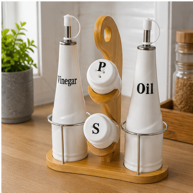 Set Aceitero y Condimentero de Losa con Base de Bambú
