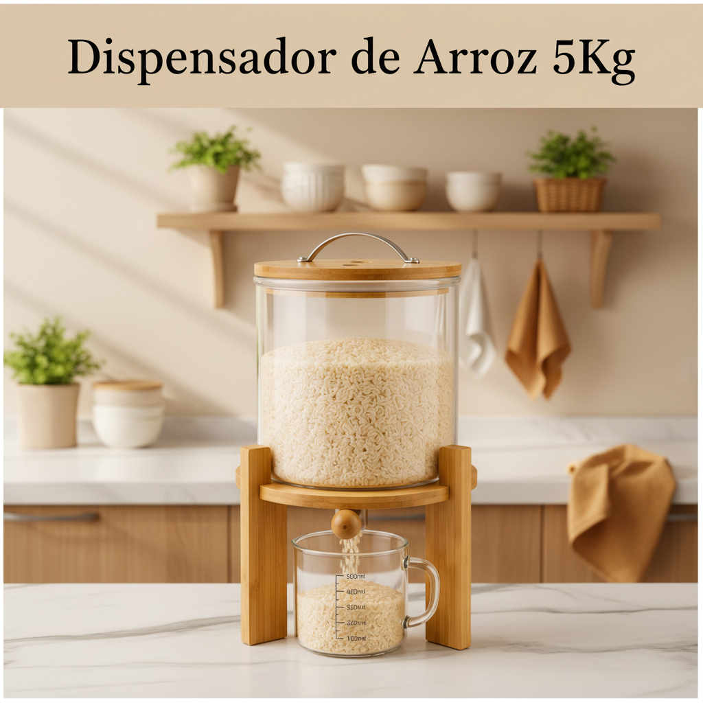Dispensador de Arroz 5KG de Vidrio Borosilicato con Base de Bambú
