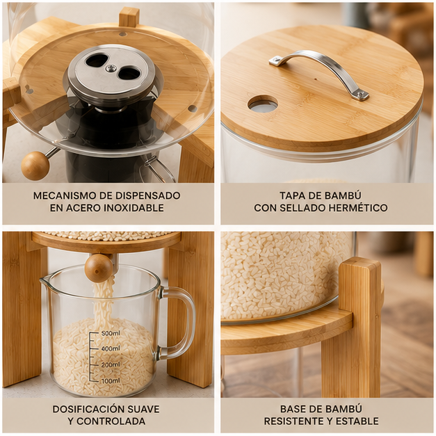 Dispensador de Arroz 5KG de Vidrio Borosilicato con Base de Bambú