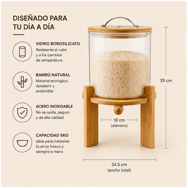 Dispensador de Arroz 5KG de Vidrio Borosilicato con Base de Bambú