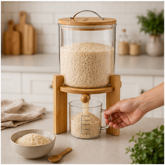 Dispensador de Arroz 5KG de Vidrio Borosilicato con Base de Bambú