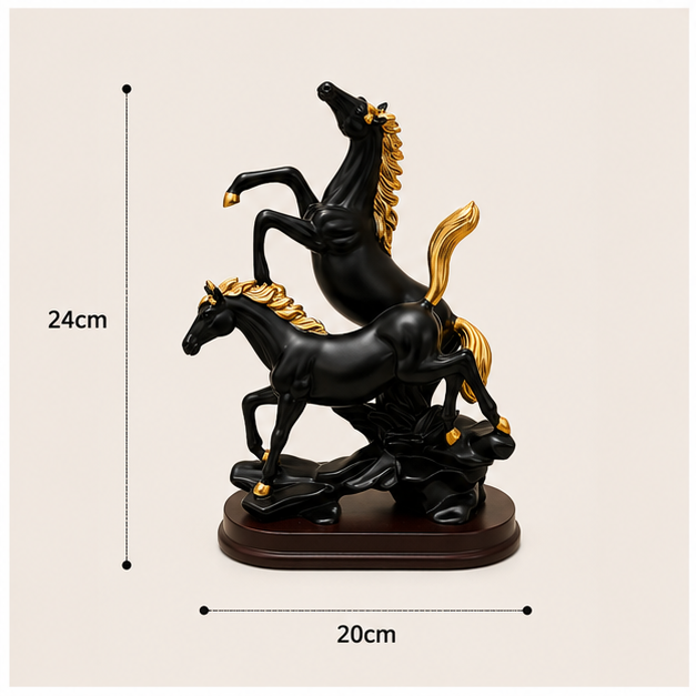 Dúo de Caballos Decorativos Negro y Dorado