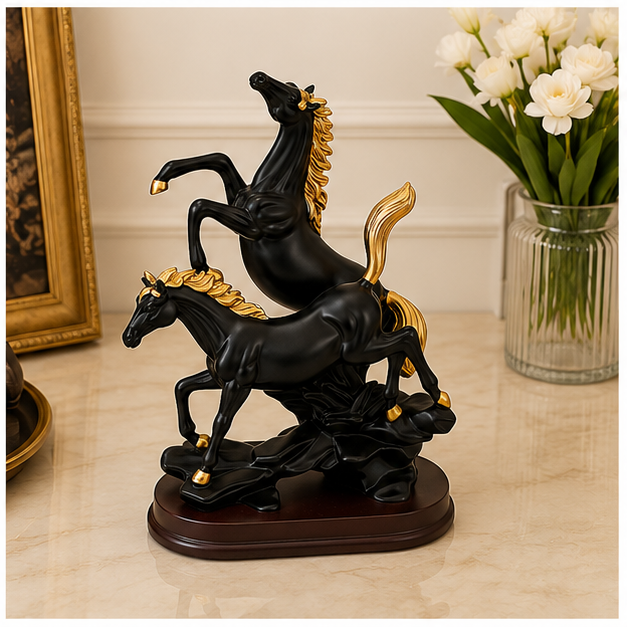 Dúo de Caballos Decorativos Negro y Dorado