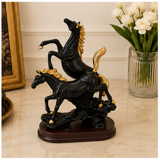 Dúo de Caballos Decorativos Negro y Dorado