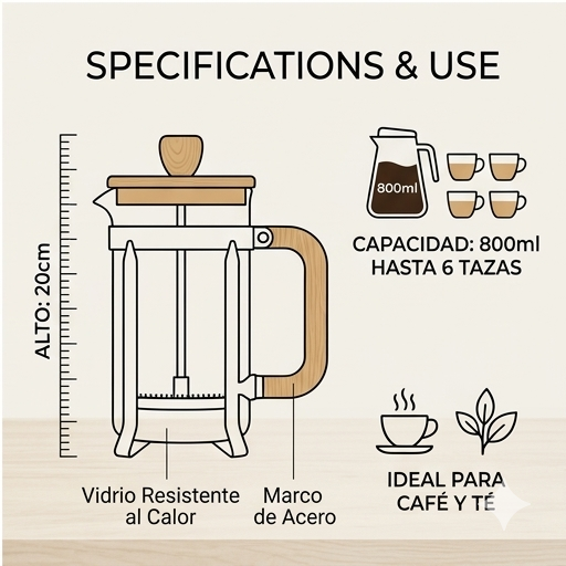 Cafetera Prensa Francesa Premium de Bambú (800ml)