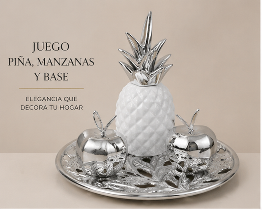 Juego Plateado Piña, Manzanas y Base Decorativa