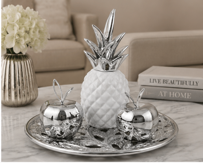 Juego Plateado Piña, Manzanas y Base Decorativa